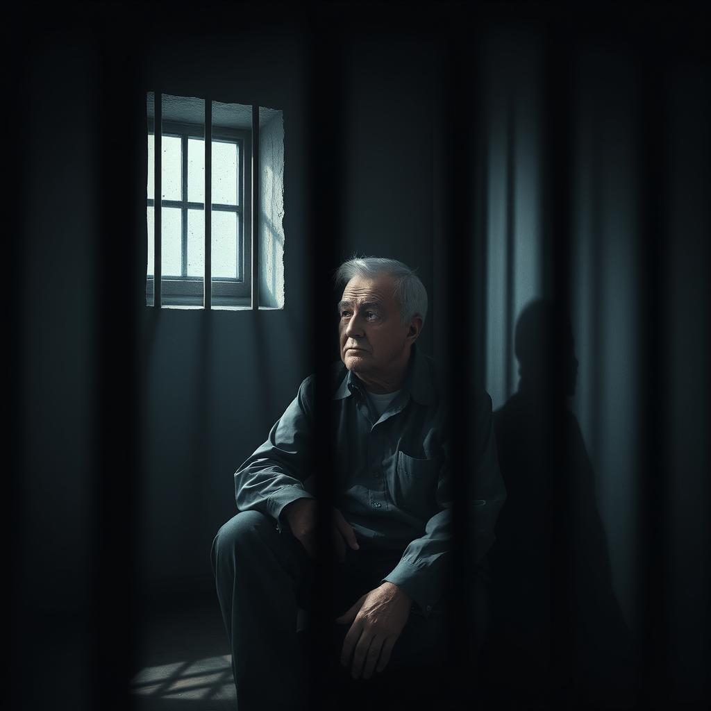 A surreal and artistic depiction of a fictional character resembling a political leader named Jaroslaw Kaczynski sitting in a jail cell