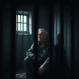 A surreal and artistic depiction of a fictional character resembling a political leader named Jaroslaw Kaczynski sitting in a jail cell