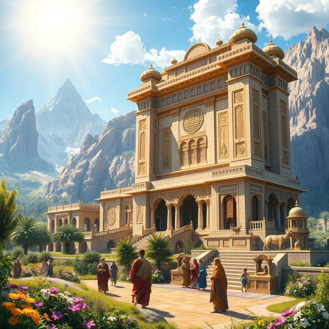 A magnificent and beautifully detailed scene depicting the splendor of the Achaemenid Empire, showcasing grand architecture inspired by Persian styles, featuring intricate designs and towering structures made of stone