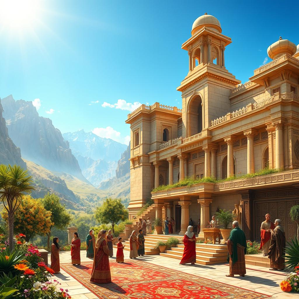 A magnificent and beautifully detailed scene depicting the splendor of the Achaemenid Empire, showcasing grand architecture inspired by Persian styles, featuring intricate designs and towering structures made of stone