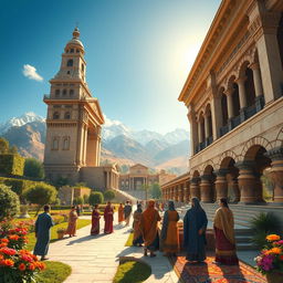 A magnificent and beautifully detailed scene depicting the splendor of the Achaemenid Empire, showcasing grand architecture inspired by Persian styles, featuring intricate designs and towering structures made of stone