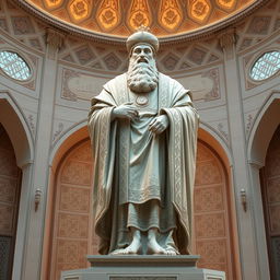 A large statue of Imam Ali, depicted in a traditional Islamic artistic style, showcasing intricate details and elegant craftsmanship