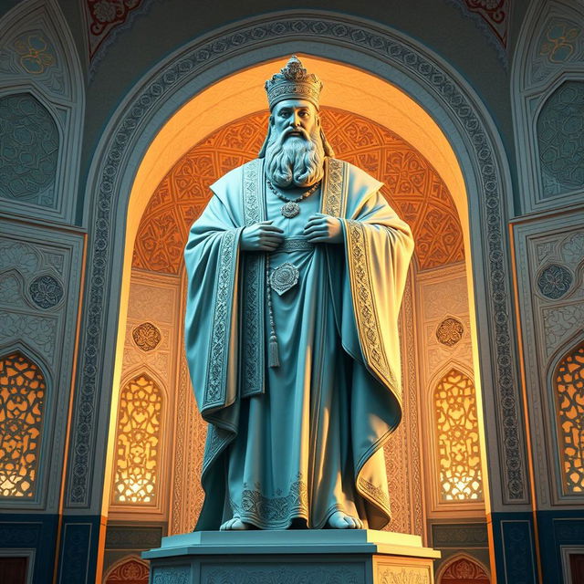 A large statue of Imam Ali, depicted in a traditional Islamic artistic style, showcasing intricate details and elegant craftsmanship