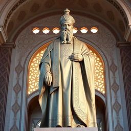 A large statue of Imam Ali, depicted in a traditional Islamic artistic style, showcasing intricate details and elegant craftsmanship