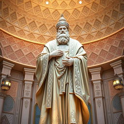 A large statue of Imam Ali, depicted in a traditional Islamic artistic style, showcasing intricate details and elegant craftsmanship