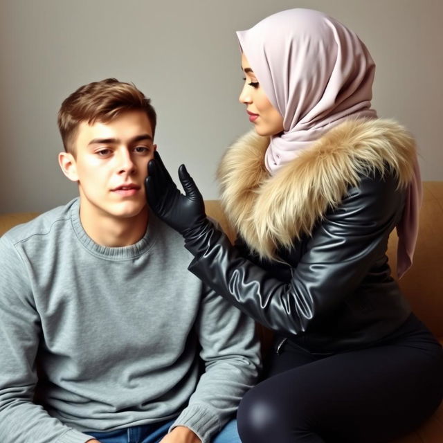 A young man sitting on a couch, looking shy and bashful