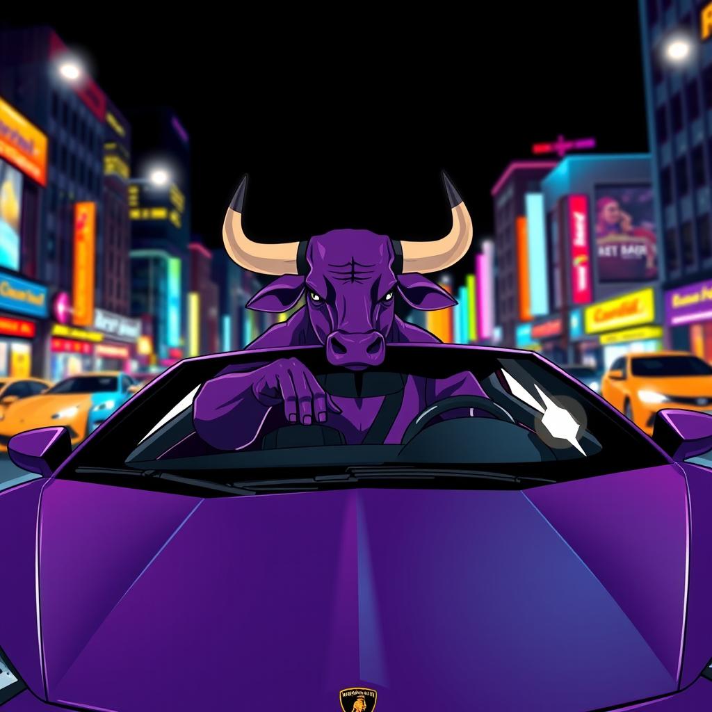 A vibrant illustration of a purple bull riding in a Lamborghini car