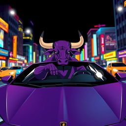 A vibrant illustration of a purple bull riding in a Lamborghini car