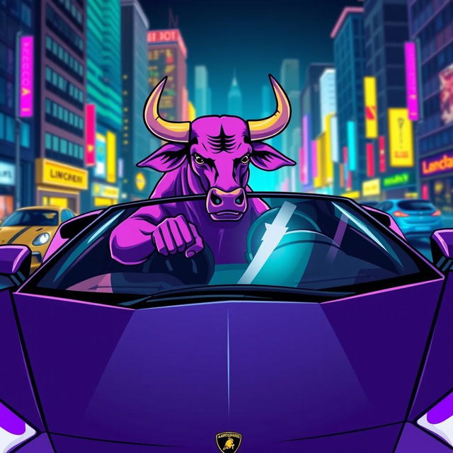 A vibrant illustration of a purple bull riding in a Lamborghini car