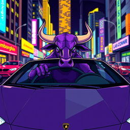 A vibrant illustration of a purple bull riding in a Lamborghini car