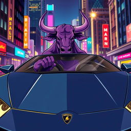 A vibrant illustration of a purple bull riding in a Lamborghini car
