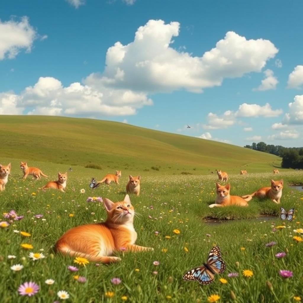 A serene and picturesque landscape featuring multiple ginger cats playing and lounging in a vibrant green meadow surrounded by wildflowers