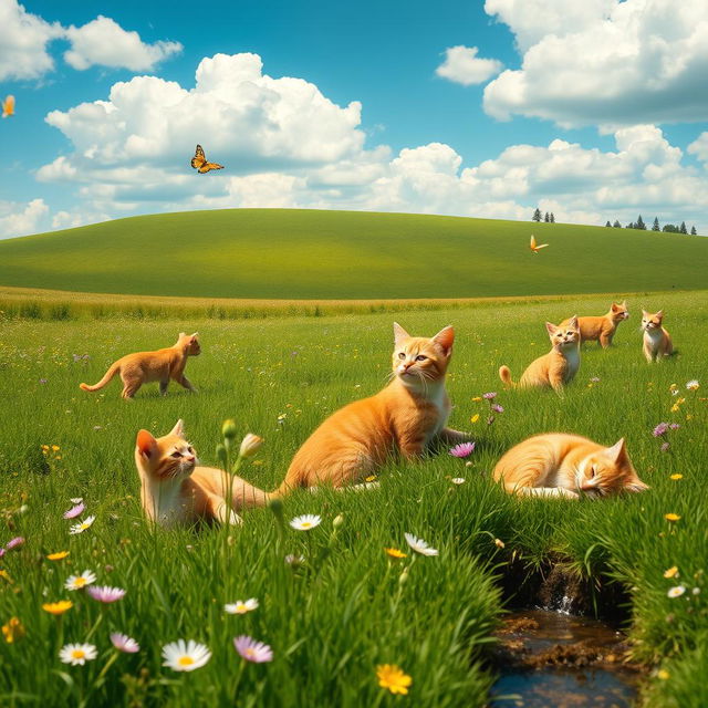 A serene and picturesque landscape featuring multiple ginger cats playing and lounging in a vibrant green meadow surrounded by wildflowers