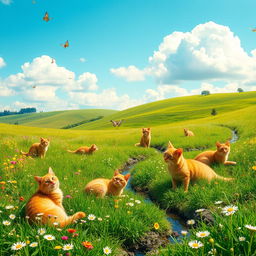 A serene and picturesque landscape featuring multiple ginger cats playing and lounging in a vibrant green meadow surrounded by wildflowers