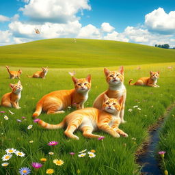 A serene and picturesque landscape featuring multiple ginger cats playing and lounging in a vibrant green meadow surrounded by wildflowers