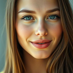 A close-up portrait of a woman with natural beauty, showcasing her flawless skin and striking features