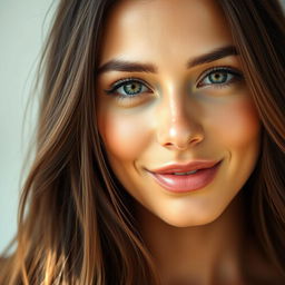 A close-up portrait of a woman with natural beauty, showcasing her flawless skin and striking features