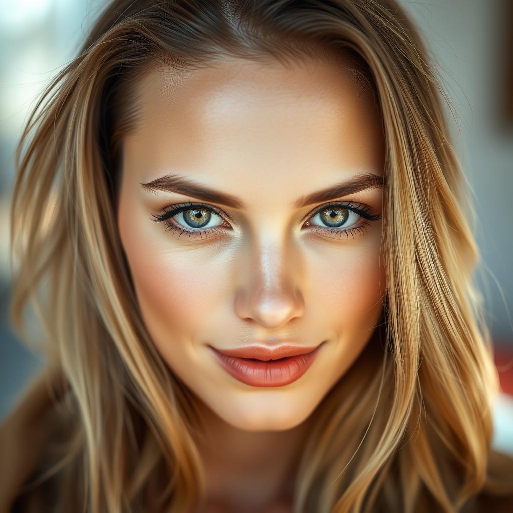 A close-up portrait of a woman with natural beauty, showcasing her flawless skin and striking features