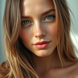 A close-up portrait of a woman with natural beauty, showcasing her flawless skin and striking features