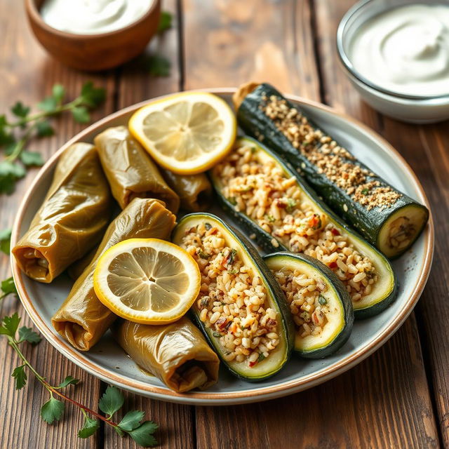 A delicious plate of stuffed grape leaves and zucchini, beautifully presented