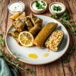 A delicious plate of stuffed grape leaves and zucchini, beautifully presented