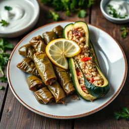 A delicious plate of stuffed grape leaves and zucchini, beautifully presented