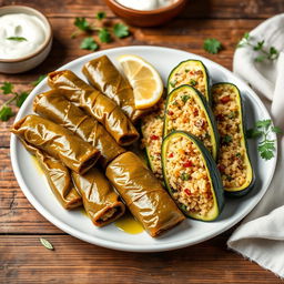 A delicious plate of stuffed grape leaves and zucchini, beautifully presented