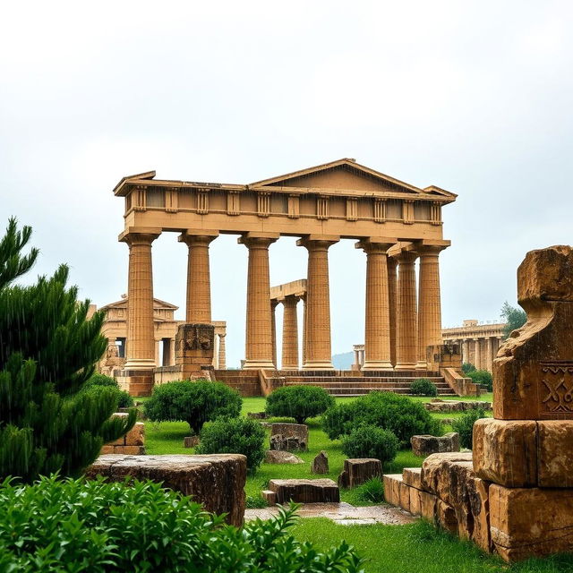 The magnificent Persepolis palace of the Achaemenid Empire, beautifully depicted in the rain