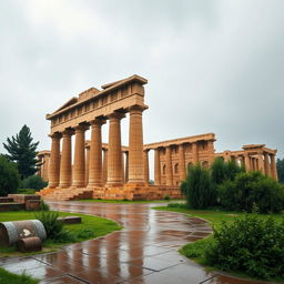 The magnificent Persepolis palace of the Achaemenid Empire, beautifully depicted in the rain