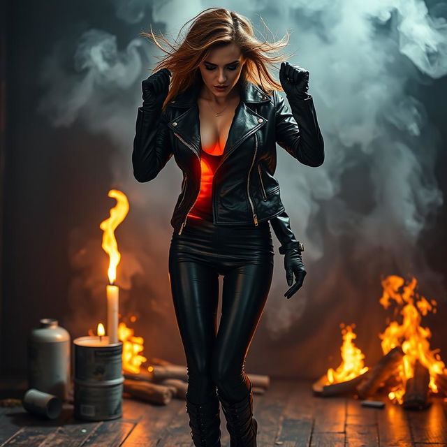 A striking scene of a woman wearing tight, shiny black leather leggings, leather gloves, and high-heeled leather boots