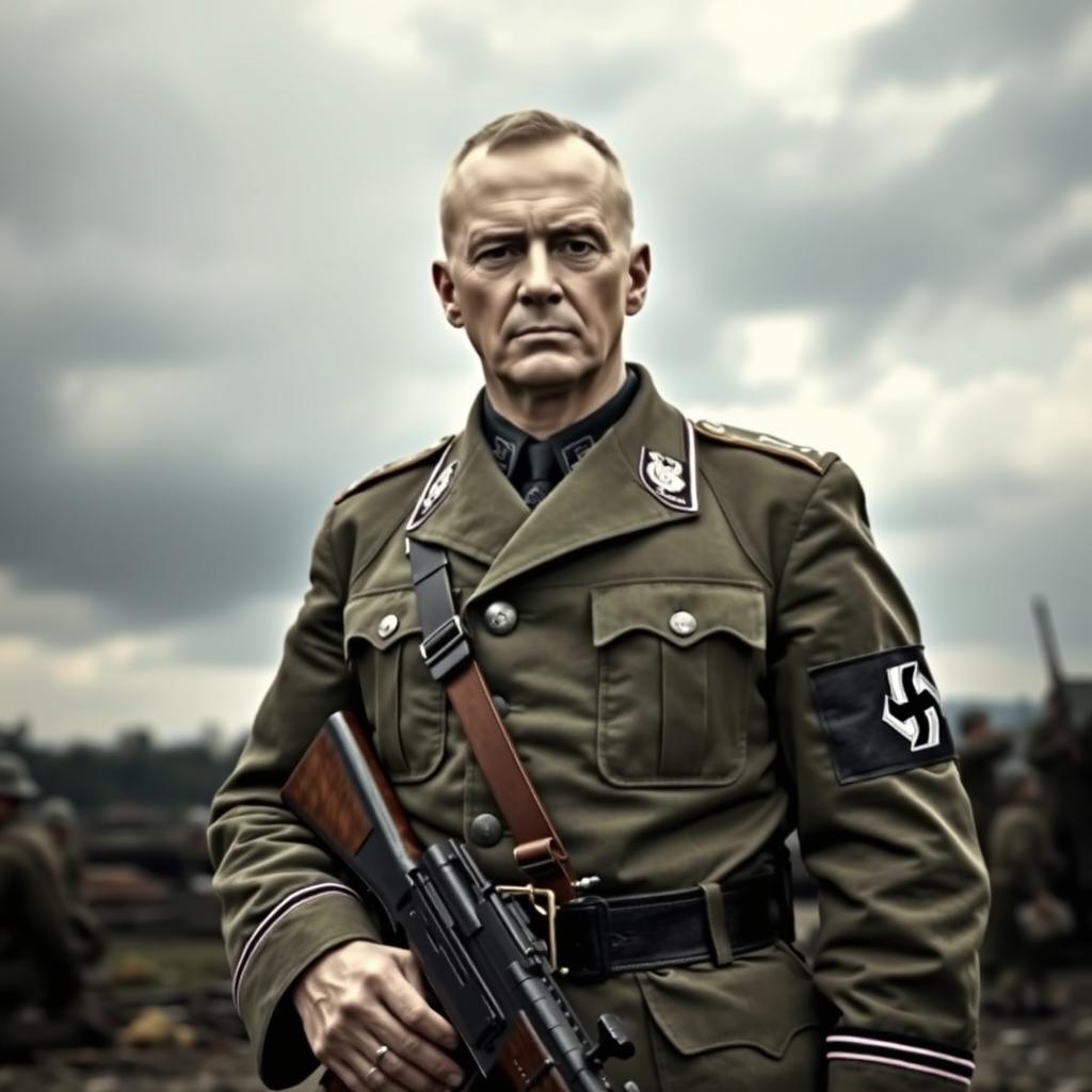 A tall White German soldier from World War II, characterized by authentic Waffen-SS uniform details, standing with a stern expression