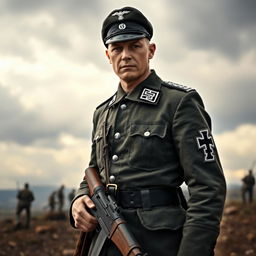 A tall White German soldier from World War II, characterized by authentic Waffen-SS uniform details, standing with a stern expression