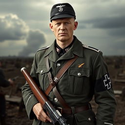 A tall White German soldier from World War II, characterized by authentic Waffen-SS uniform details, standing with a stern expression