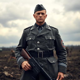 A tall White German soldier from World War II, characterized by authentic Waffen-SS uniform details, standing with a stern expression