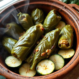 A traditional Lebanese dish featuring stuffed grape leaves (محشي ورق عنب) and zucchini (كوسا) served in a rustic clay pot (طاجن فخار)