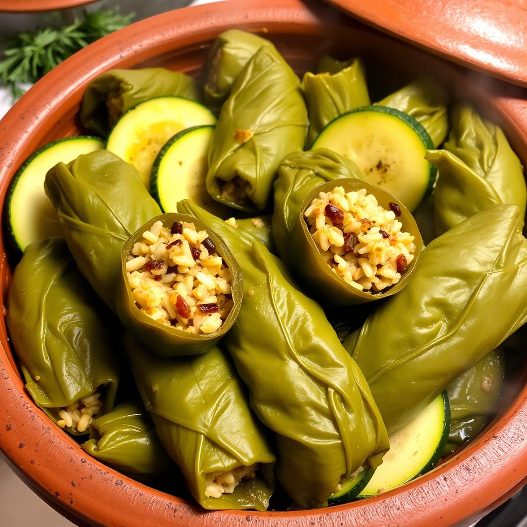 A traditional Lebanese dish featuring stuffed grape leaves (محشي ورق عنب) and zucchini (كوسا) served in a rustic clay pot (طاجن فخار)