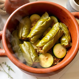 A traditional Lebanese dish featuring stuffed grape leaves (محشي ورق عنب) and zucchini (كوسا) served in a rustic clay pot (طاجن فخار)