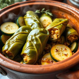 A traditional Lebanese dish featuring stuffed grape leaves (محشي ورق عنب) and zucchini (كوسا) served in a rustic clay pot (طاجن فخار)