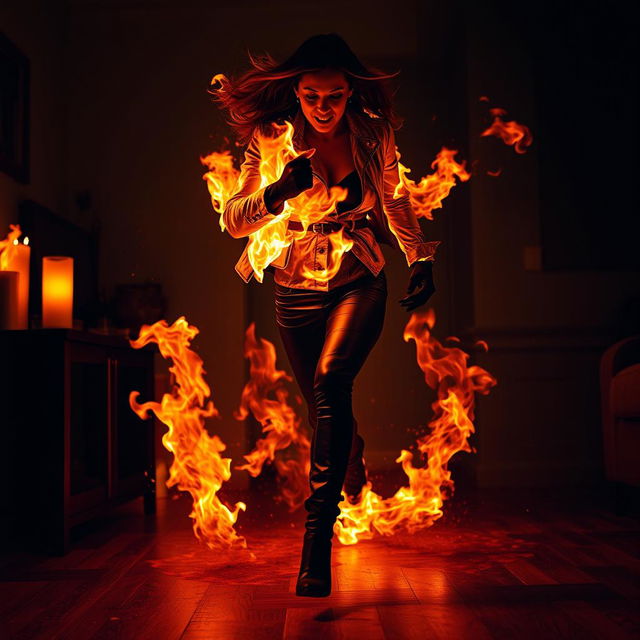 A woman completely engulfed in flames, running with intense fire all around her