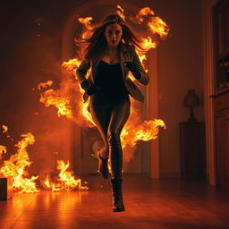 A woman completely engulfed in flames, running with intense fire all around her