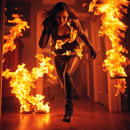 A woman completely engulfed in flames, running with intense fire all around her