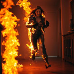 A woman completely engulfed in flames, running with intense fire all around her