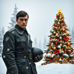 A tall German soldier from the Waffen SS, dressed in a historical uniform, stands next to a beautifully decorated Christmas tree