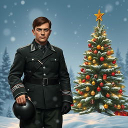 A tall German soldier from the Waffen SS, dressed in a historical uniform, stands next to a beautifully decorated Christmas tree