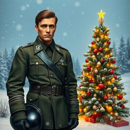 A tall German soldier from the Waffen SS, dressed in a historical uniform, stands next to a beautifully decorated Christmas tree