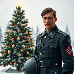 A tall German soldier from the Waffen SS, dressed in a historical uniform, stands next to a beautifully decorated Christmas tree