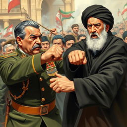 A dramatic scene depicting Mohammad Reza Shah Pahlavi throwing a punch at Ayatollah Khomeini during a tense moment