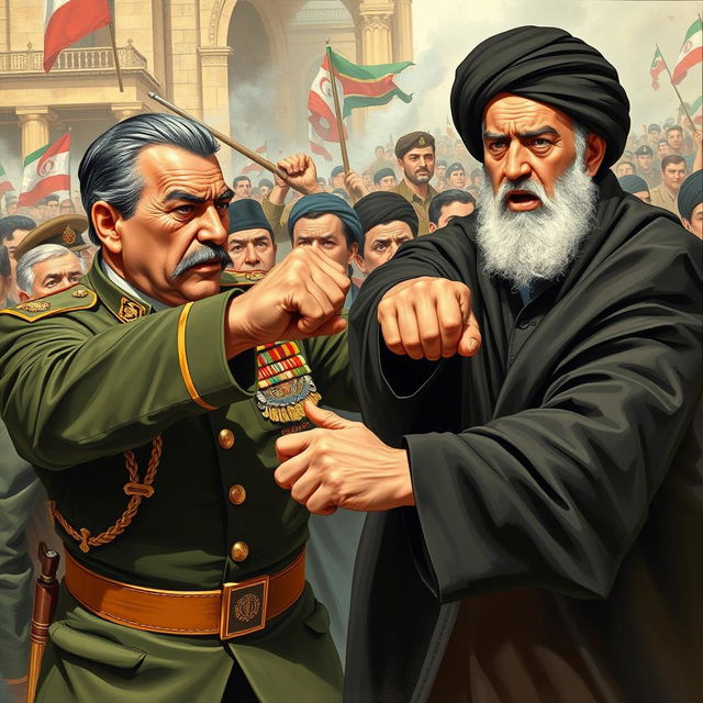 A dramatic scene depicting Mohammad Reza Shah Pahlavi throwing a punch at Ayatollah Khomeini during a tense moment