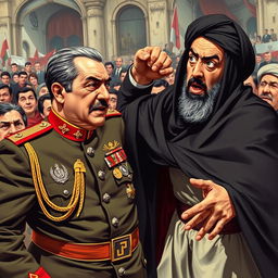 A dramatic scene depicting Mohammad Reza Shah Pahlavi throwing a punch at Ayatollah Khomeini during a tense moment