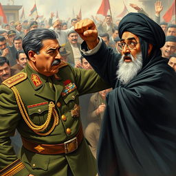 A dramatic scene depicting Mohammad Reza Shah Pahlavi throwing a punch at Ayatollah Khomeini during a tense moment